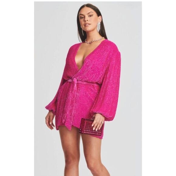 Retrofete Gabrielle Sequin Robe Wrap Dress Pink NWT L - Picture 2 of 12